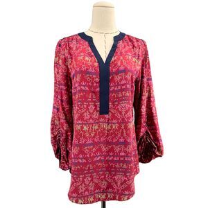 81 Poppies Print Tunic Blouse Rouched‎ Long Sleeves V- Neck Silk USA XS